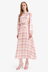 Regular Fit Shirt Collar Pattern Satin Long Sleeve Maxi Dress