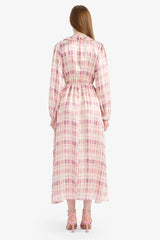 Regular Fit Shirt Collar Pattern Satin Long Sleeve Maxi Dress