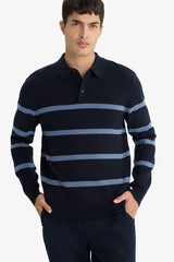 Standard Fit Polo Collar Striped Knit Sweater