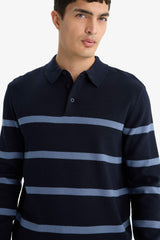 Standard Fit Polo Collar Striped Knit Sweater