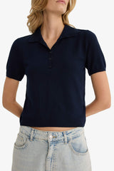 Fitted Polo Neck Short Sleeve Knitted Sweater