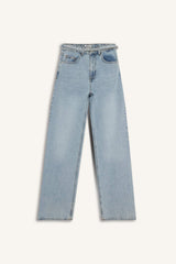 Straight Wide High Waist Straight Leg Long Washed Jean Trousers