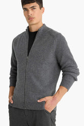 Standard Fit Stand Collar Zippered Wool Blend Knitwear Cardigan