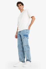 100% Cotton Relax Fit Wide Leg Cargo Jeans with Pockets