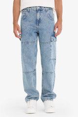 100% Cotton Relax Fit Wide Leg Cargo Jeans with Pockets