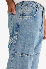 100% Cotton Relax Fit Wide Leg Cargo Jeans with Pockets