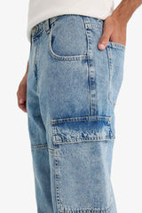 100% Cotton Relax Fit Wide Leg Cargo Jeans with Pockets