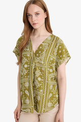 V-Neck Patterned Short Sleeve Blouse