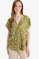 V-Neck Patterned Short Sleeve Blouse