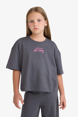 Girls Two-Piece Set: Short-Sleeved Printed T-shirt and Sweatpants