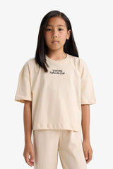 Girls Two-Piece Set: Short-Sleeved Printed T-shirt and Sweatpants