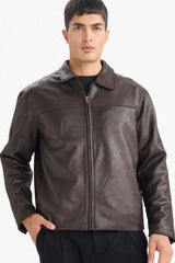 Regular Fit Polo Collar Faux Leather Jacket with Inner Pockets