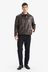 Regular Fit Polo Collar Faux Leather Jacket with Inner Pockets