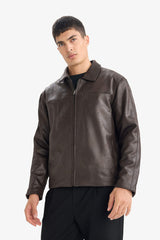 Regular Fit Polo Collar Faux Leather Jacket with Inner Pockets