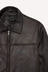 Regular Fit Polo Collar Faux Leather Jacket with Inner Pockets