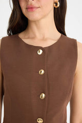 Fitted linen blend crew neck vest jacket