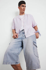 Relax Fit Open Collar Printed Woven Striped Short Sleeve Shirt