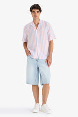 Relax Fit Open Collar Printed Woven Striped Short Sleeve Shirt