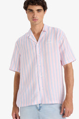 Relax Fit Open Collar Printed Woven Striped Short Sleeve Shirt