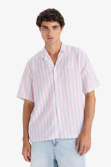 Relax Fit Open Collar Printed Woven Striped Short Sleeve Shirt