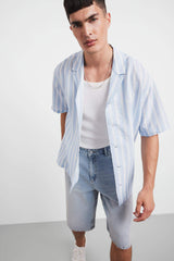 Relax Fit Open Collar Printed Woven Striped Short Sleeve Shirt