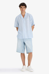 Relax Fit Open Collar Printed Woven Striped Short Sleeve Shirt