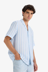 Relax Fit Open Collar Printed Woven Striped Short Sleeve Shirt