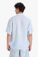 Relax Fit Open Collar Printed Woven Striped Short Sleeve Shirt
