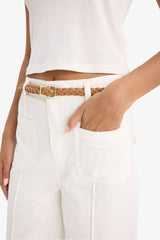 Regular Fit Pocketed High Waist Belted Gabardine Trousers