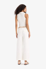 Regular Fit Pocketed High Waist Belted Gabardine Trousers