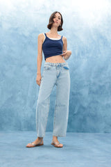 Barrel Fit Normal Waist Ankle Length Jean Washed Trousers