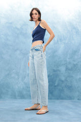 Barrel Fit Normal Waist Ankle Length Jean Washed Trousers