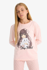 Girls Pajama Set Printed Long Sleeve Top and Patterned Long Bottom