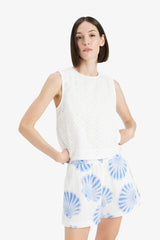 Regular Fit Crew Neck Embroidered Sleeveless Blouse