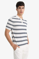 Striped Knit Short Sleeve Polo Shirt