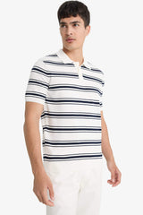 Striped Knit Short Sleeve Polo Shirt