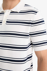 Striped Knit Short Sleeve Polo Shirt