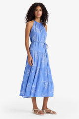 Halter Neck Patterned Lace-Up Crinkle Viscose Sleeveless Midi Dress