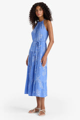 Halter Neck Patterned Lace-Up Crinkle Viscose Sleeveless Midi Dress