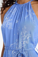 Halter Neck Patterned Lace-Up Crinkle Viscose Sleeveless Midi Dress