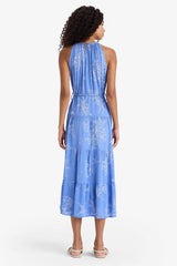 Halter Neck Patterned Lace-Up Crinkle Viscose Sleeveless Midi Dress