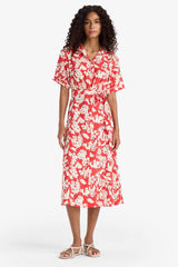 Shirt Collar Floral Pattern Belted Modal Short Sleeve Midi Dress
