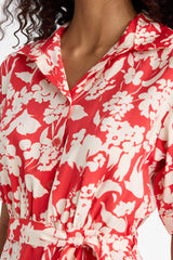 Shirt Collar Floral Pattern Belted Modal Short Sleeve Midi Dress