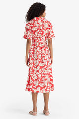 Shirt Collar Floral Pattern Belted Modal Short Sleeve Midi Dress
