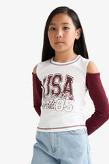 Girls Slim Fit Slim Cut Crew Neck Printed Ribbed Long Sleeve School T-Shirt