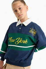 Girl's Relax Fit Polo Neck Printed School Sweatshirt