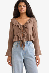 Regular Fit Textured Front Tie Ruffled Long Sleeve Blouse