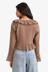 Regular Fit Textured Front Tie Ruffled Long Sleeve Blouse