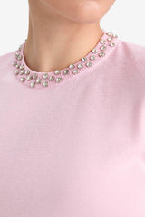 Regular Fit Crew Neck Embroidered Crepe Short Sleeve Knitwear Sweater