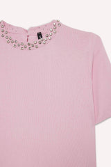 Regular Fit Crew Neck Embroidered Crepe Short Sleeve Knitwear Sweater